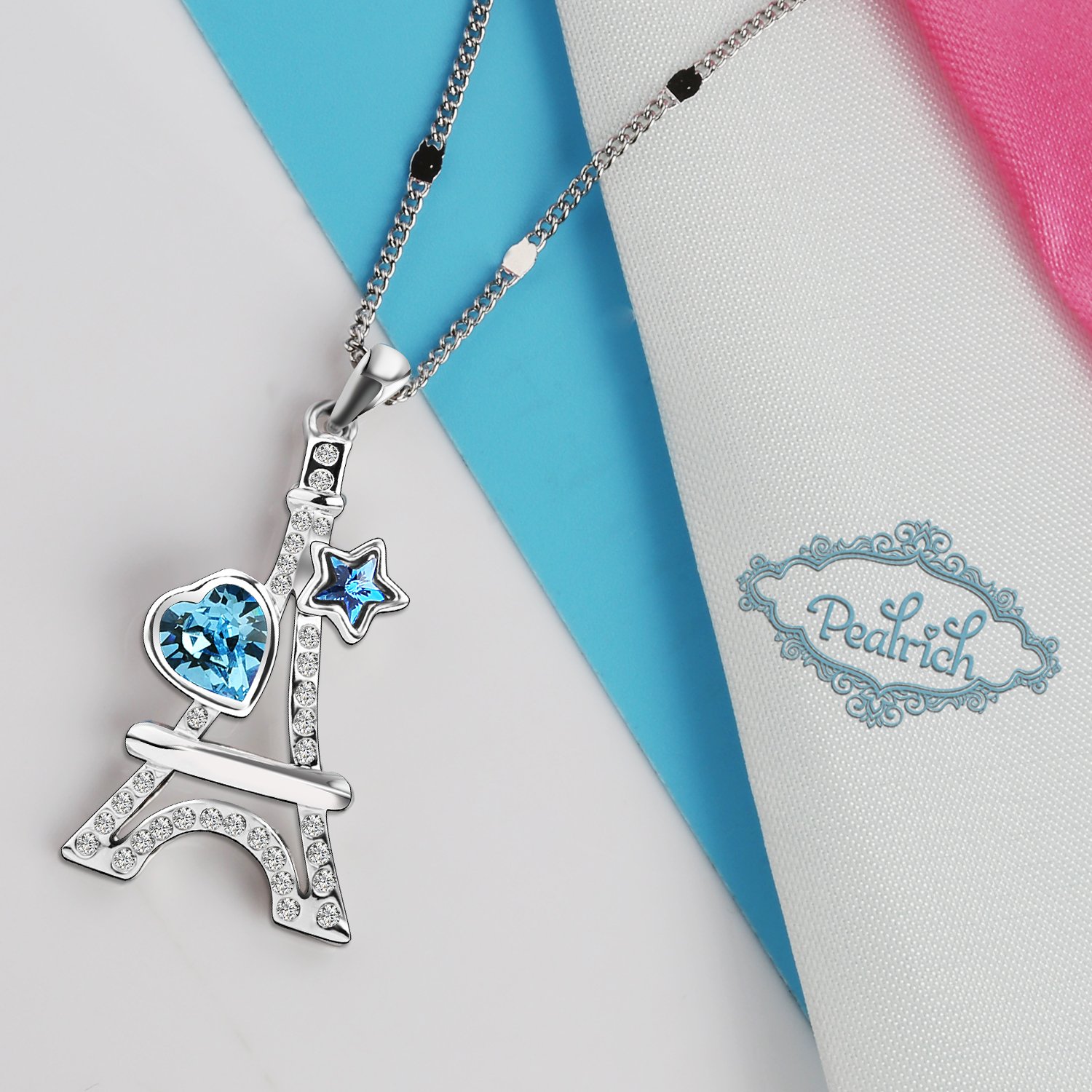 Pealrich “ Eiffel Tower” Style Fashion Jewelry Pendant Love Necklace with Swarovski Crystal,Best Gifts for Women and Girls (Blue)