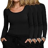 Yearntown 4 Pack Women’s Underscrub Shirts, Ribbed Cotton Scrub Tops Long Sleeve Scoop Neck Tees Slim Fit Basic Layer Shirts