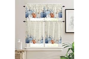 YOKOU Kitchen Curtains and Valances Set, Thanksgiving Pumpkin Fall Eucalyptus Leaf Flower Blue Orange Short Rod Pocket 3 Pieces Window Curtain Set for Bedroom, Bathroom, 24 Inch Long