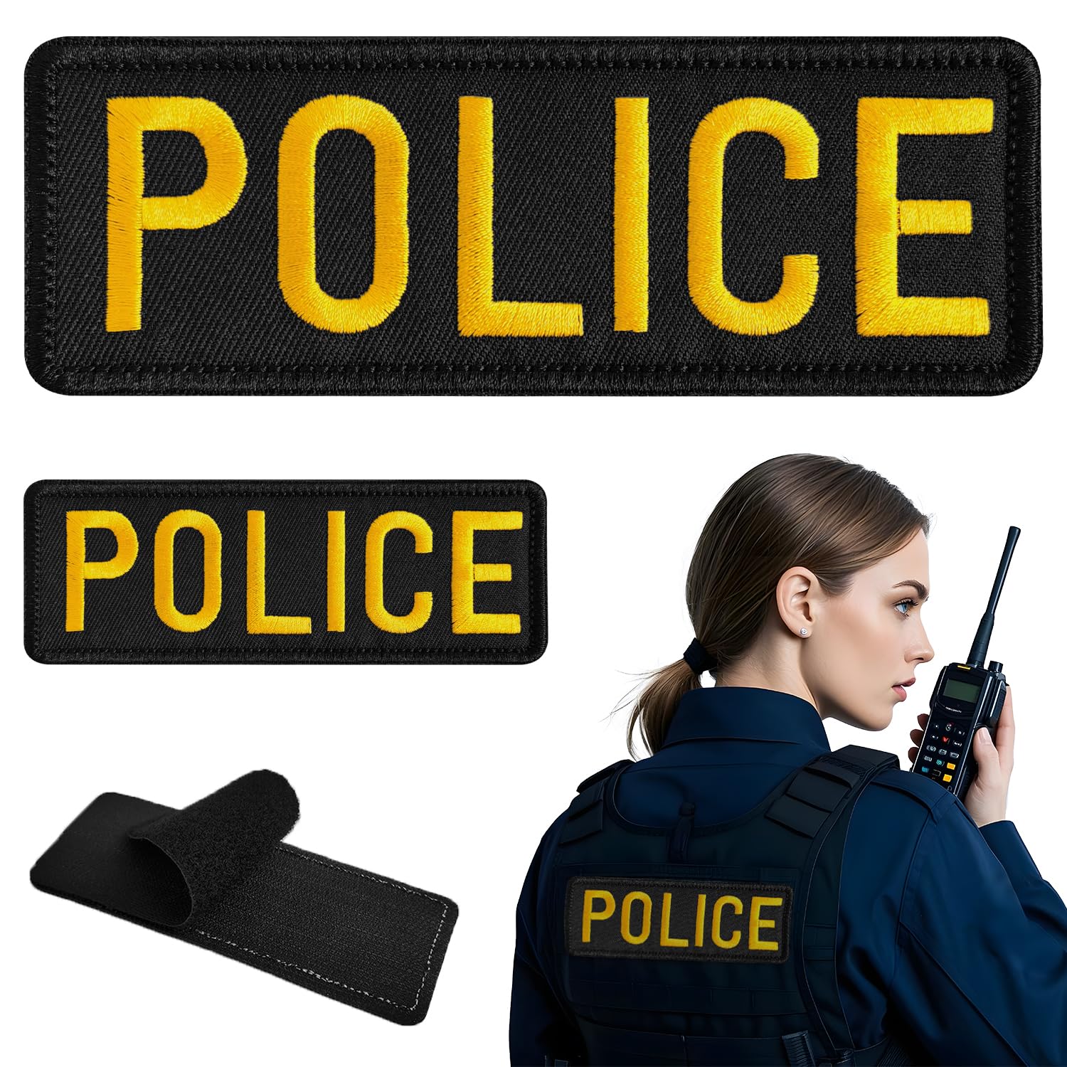 Photo 1 of 2 Pieces Police Patch, Hook and Loop Police Embroidery Patch for Vest Uniforms Jacket Back Panel (One Large & One Small, Gold)