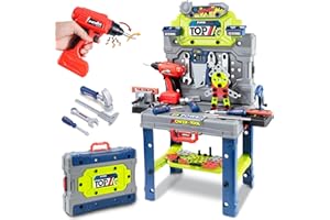 POFJOEQ Kids Tool Kit，Kids Tool Bench STEM Engineering Playbench，32-inch Folding Workbench Set with 35+ Accessories, Electric Drill Toy & Tool Storage, Creative Construction Playset for Boys Girls Ages 3-5