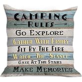 huester Funny Camping Rules Vintage Throw Pillow Cover,18"X18" Decorative Pillowcase Cushion Cover for Home Sofa Couch Bed,Campsite RV Cabin Decor, Gift for Camping Lovers Campers