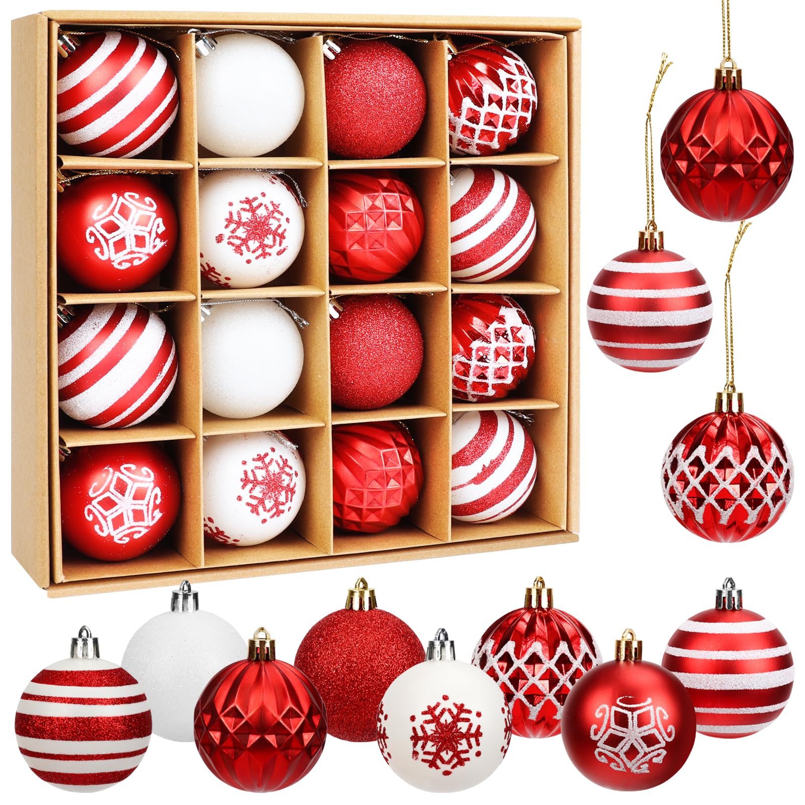 16Pcs Christmas Baubles, 6CM Tree Decorations Set Christmas Tree Hanging Balls for Holidays Home Xmas Party Decoration (Red and White)