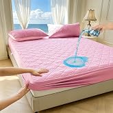 Waterproof Mattress Protector, Noiseless King Size Mattress Pad with Deep Pocket Fitted Up to 2-12 inches, Soft Breathable Bed Mattress Cover Washable for Bedroom, Hotel (1, Pink, King)