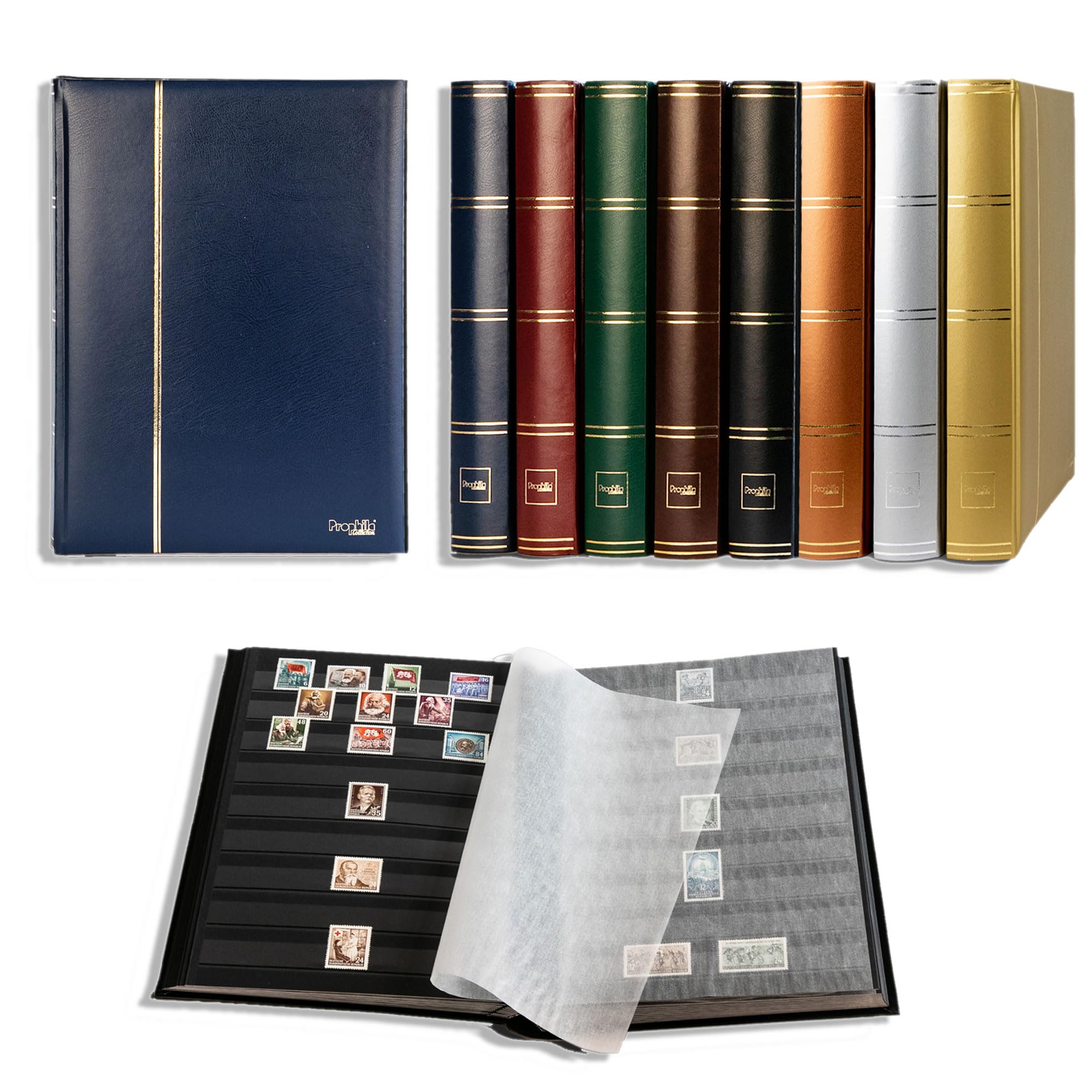 Prophila stamp album (new) 64 black sides, padded blue cover