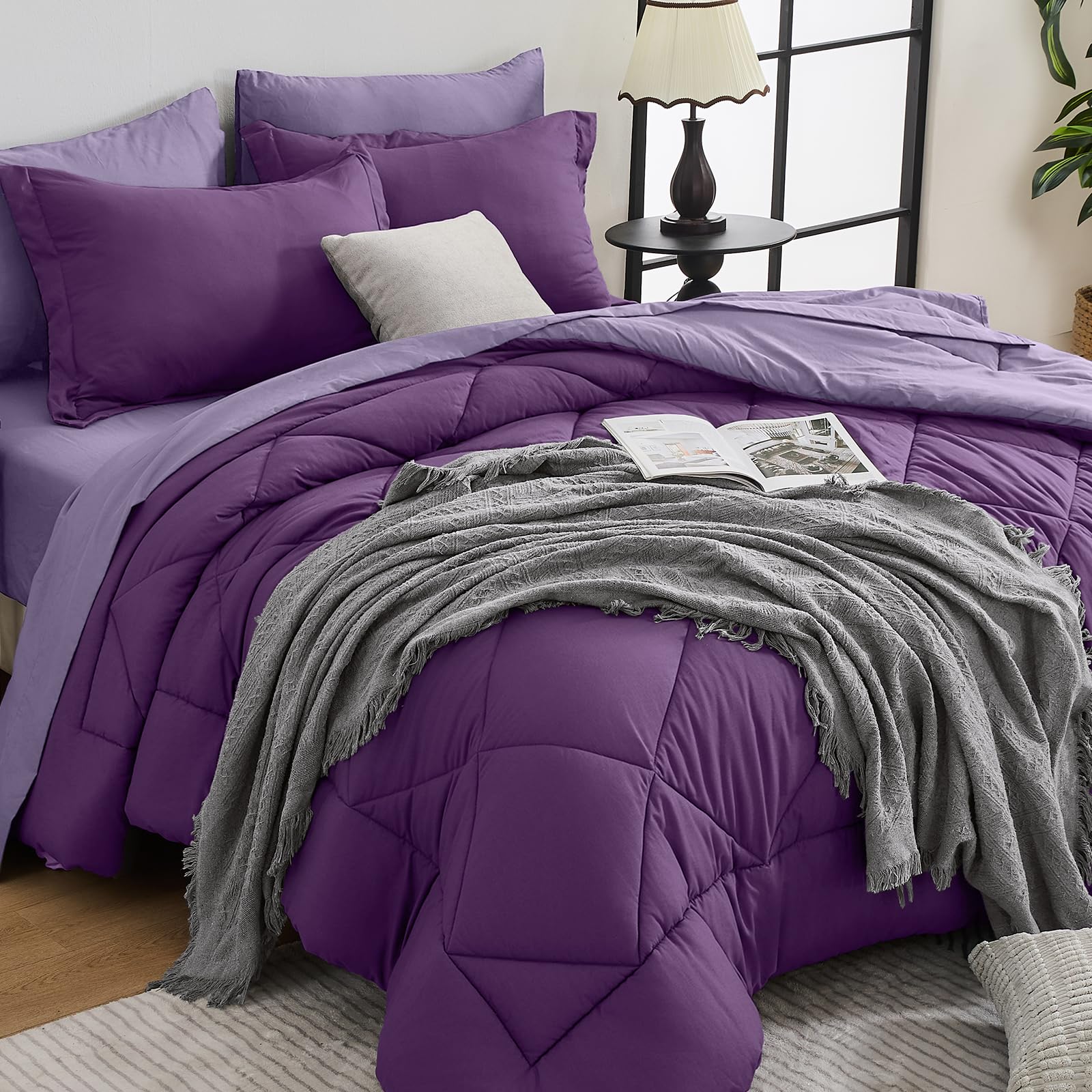 HEVUMYI Purple & Light Purple Cali-King Comforter Set - 7-Piece All Season Bed in a Bag Cali-King, Ultra Soft Bedding Set with Comforter, Flat Sheet, Fitted Sheet, Pillowcases, Pillow Shams Image