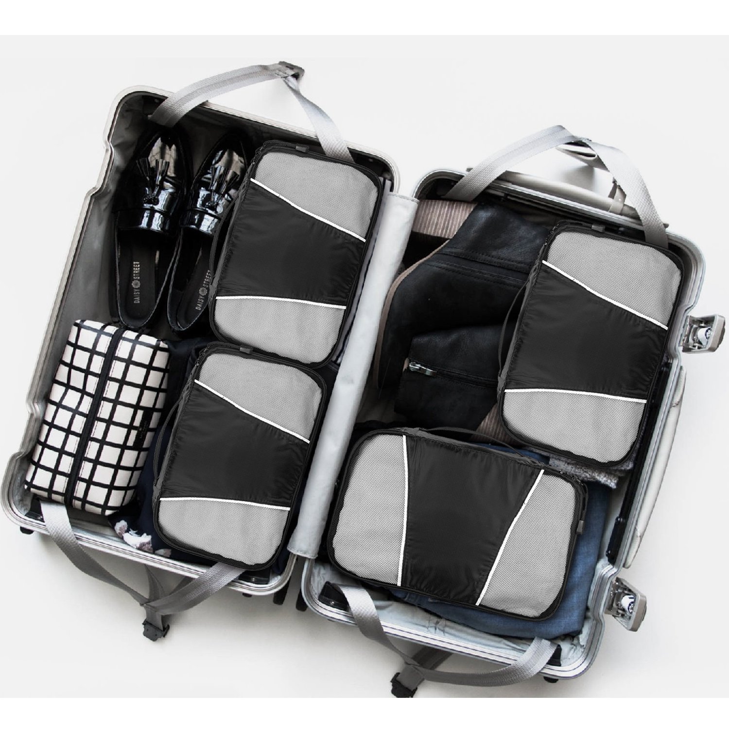 WandF Expandable Packing Organizer Cubes Set of 6, Various Sizes Plus Underwear Bag and Laundry / Shoe Bag w/ Drawstring