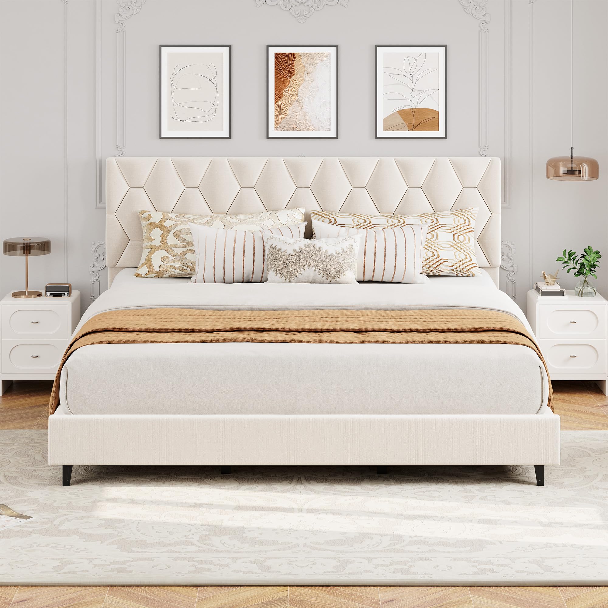 Photo 1 of GAOMON Beige King Bed Frame with Upholstered Headboard, Heavy-Duty Platform Bed Frame with Strong Wood Slats, No Box Spring Needed/Noise Free/Easy Assembly