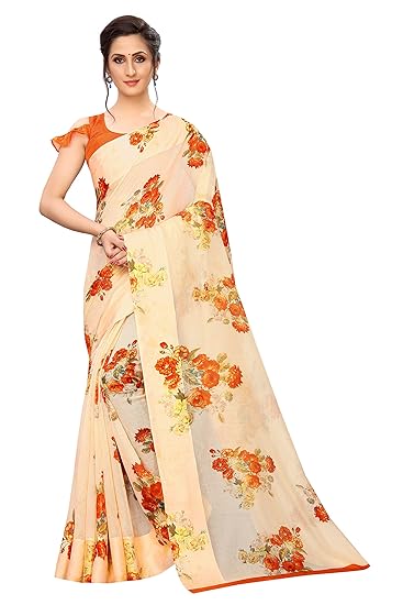 Rajeshwar Fashion With Rf Linen Jute Soft Cotton Art Silk Zari Border Work Printed Saree With Blouse Material(FLORA 01 ORANGE_Multi-Coloured_Free Size 6.20 Meters)