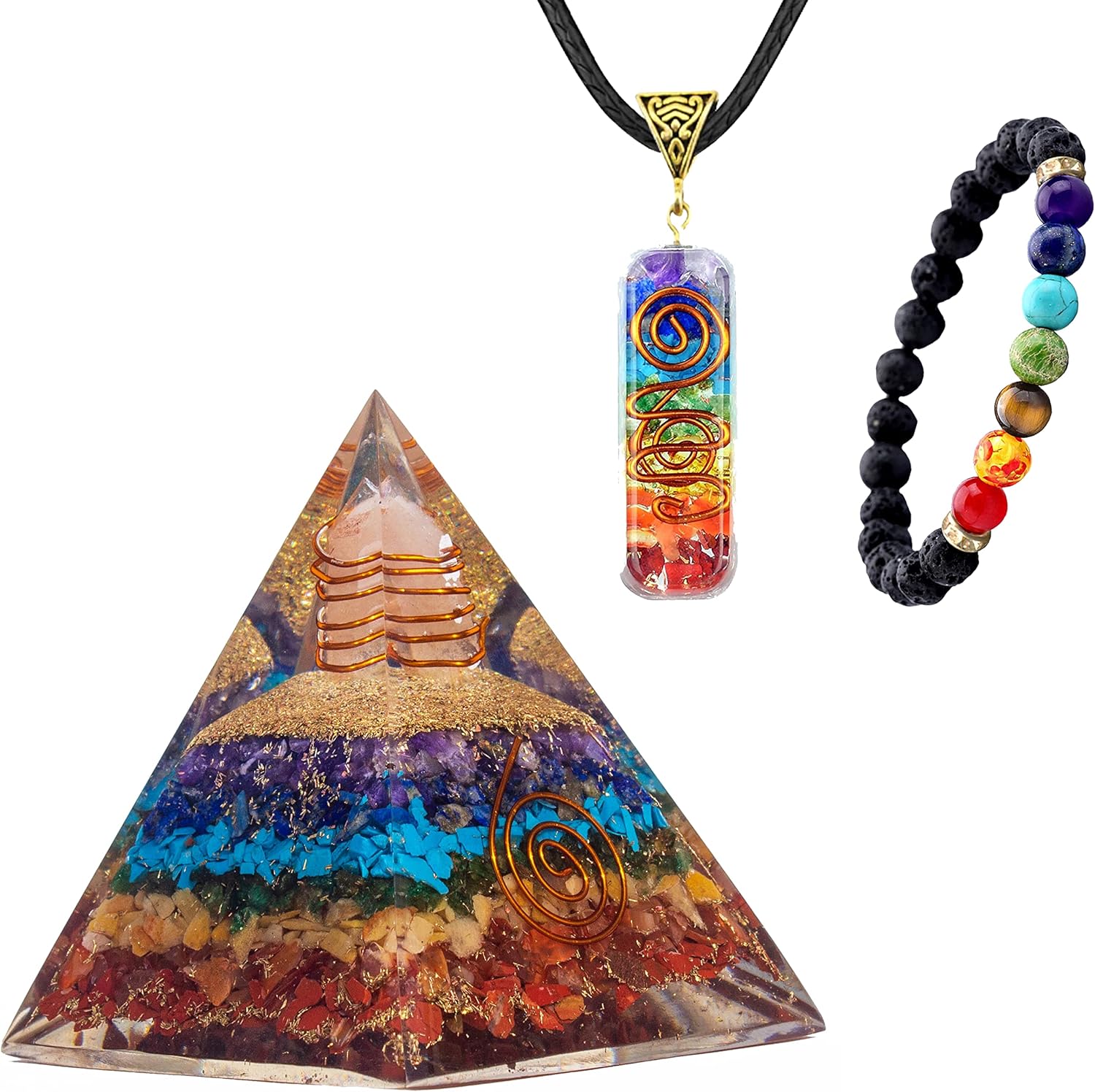 Mixed Media - 3 in 1 Orgone Pyramid for E-Energy Protection & Healing- meditation orgonite pyramids with Pendant and Bracelet set/crystal chakra set (7 Chakra Big)