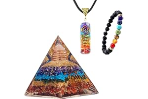 ZENFULSTONE 3 in 1 Orgone Pyramid for E-Energy Protection & Healing- meditation orgonite pyramids with Pendant and Bracelet set/crystal chakra set (7 Chakra Big)