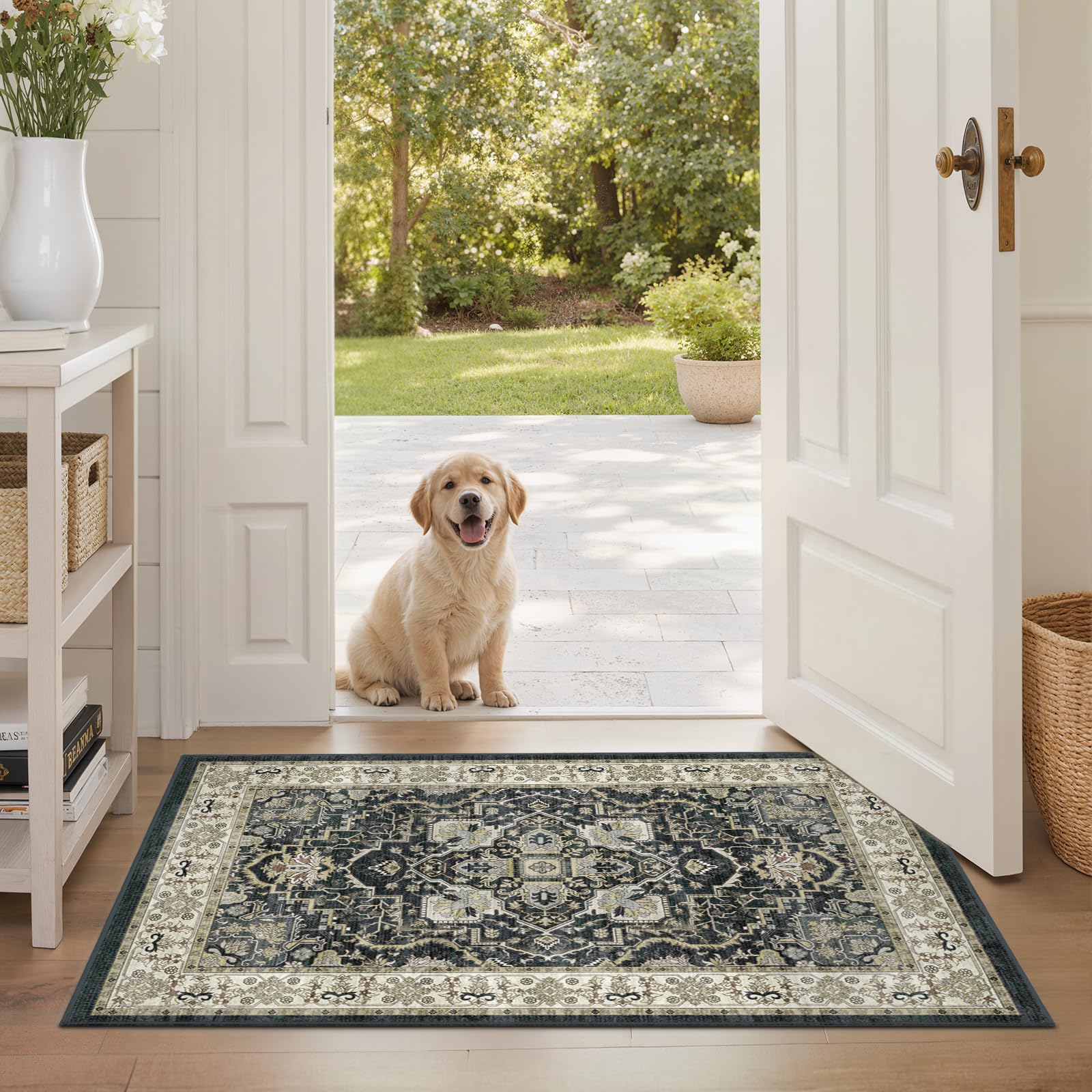 EiniHliw Washable Entryway Runner Rug - 2x3 Kitchen Rug Distressed Low Pile Mats Non Slip Soft Rugs for Dining Room with Rubber Backing Bedroom Runner with Vintage Design (Black 2x3)