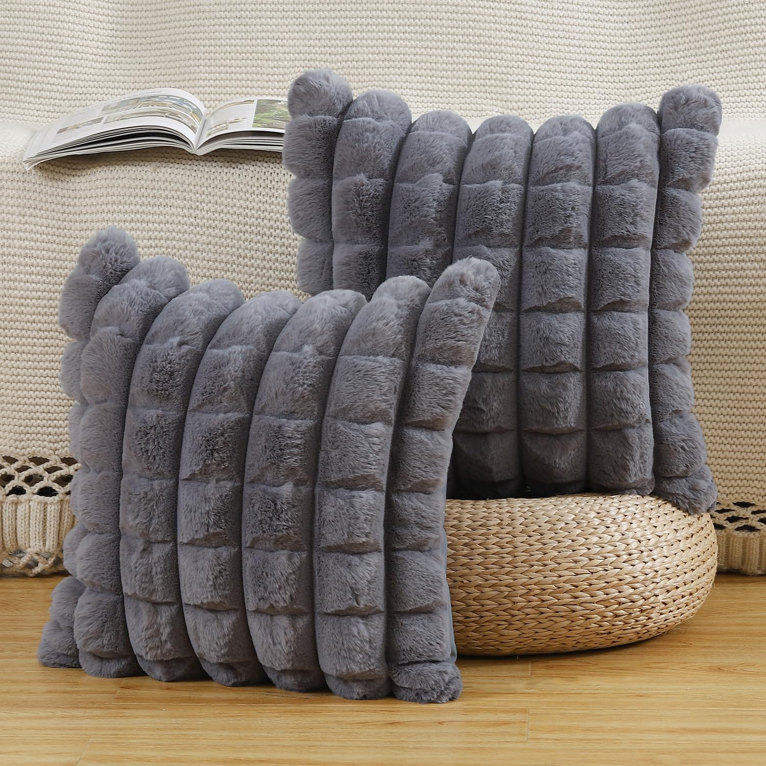 Madizz Faux Wool Grey Cushion Covers 22x22 inch, 55x55 cm, Set of 2 Super Soft Boho Throw Pillow Covers Decorative Textured Throw Pillows for Sofa Bedroom