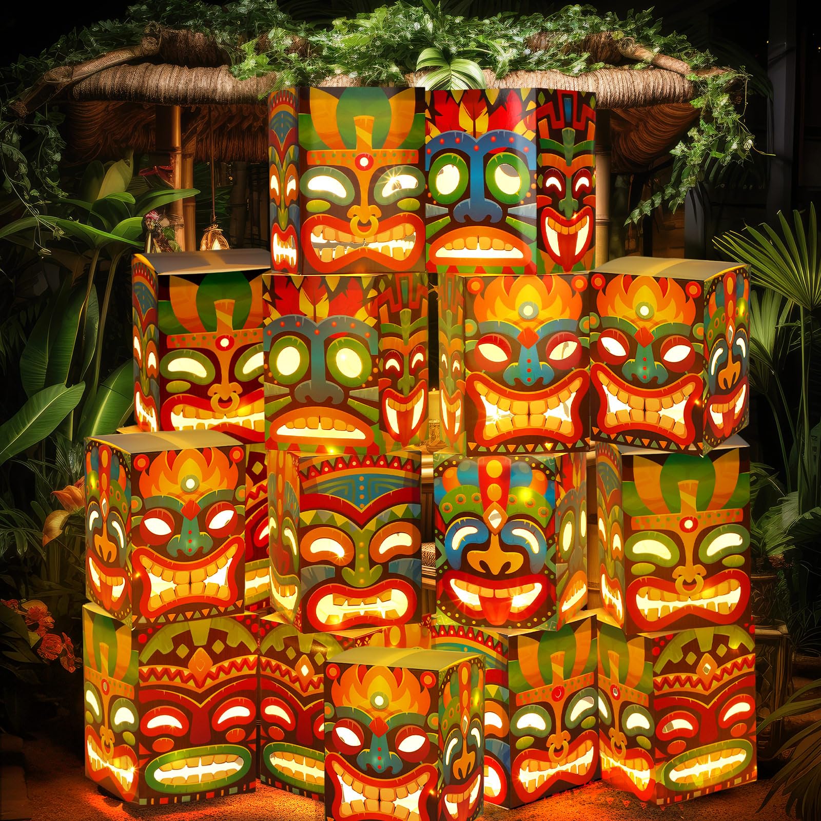 Photo 1 of Janlaugh 16 Pcs Tiki Totem Box Decor with Light, Luau Party Decorations for Hawaiian Birthday Party Tropical Aloha Decor 9.84 x 7.09 Tiki Lighted Gift Boxes for Garden Patio Porch Outdoor Decor