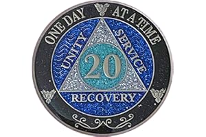 SIMPLY MINIMAL (Years 1-50) 20 Year AA Recovery Silver Color Plated Glitter Medallion, Black Rainbow, Blue, Silver Glitter Coin, Epoxy Covered (AA 20 Year Glitter Medallion)