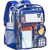 Vorspack Clear Backpack for Girls Boys, Heavy Duty School Bookbag, Blue | Large Transparent Backpacks, Reinforced Straps, Organized 9 Pockets, Padded Bottom, See Through Clear Bag for Work Travel