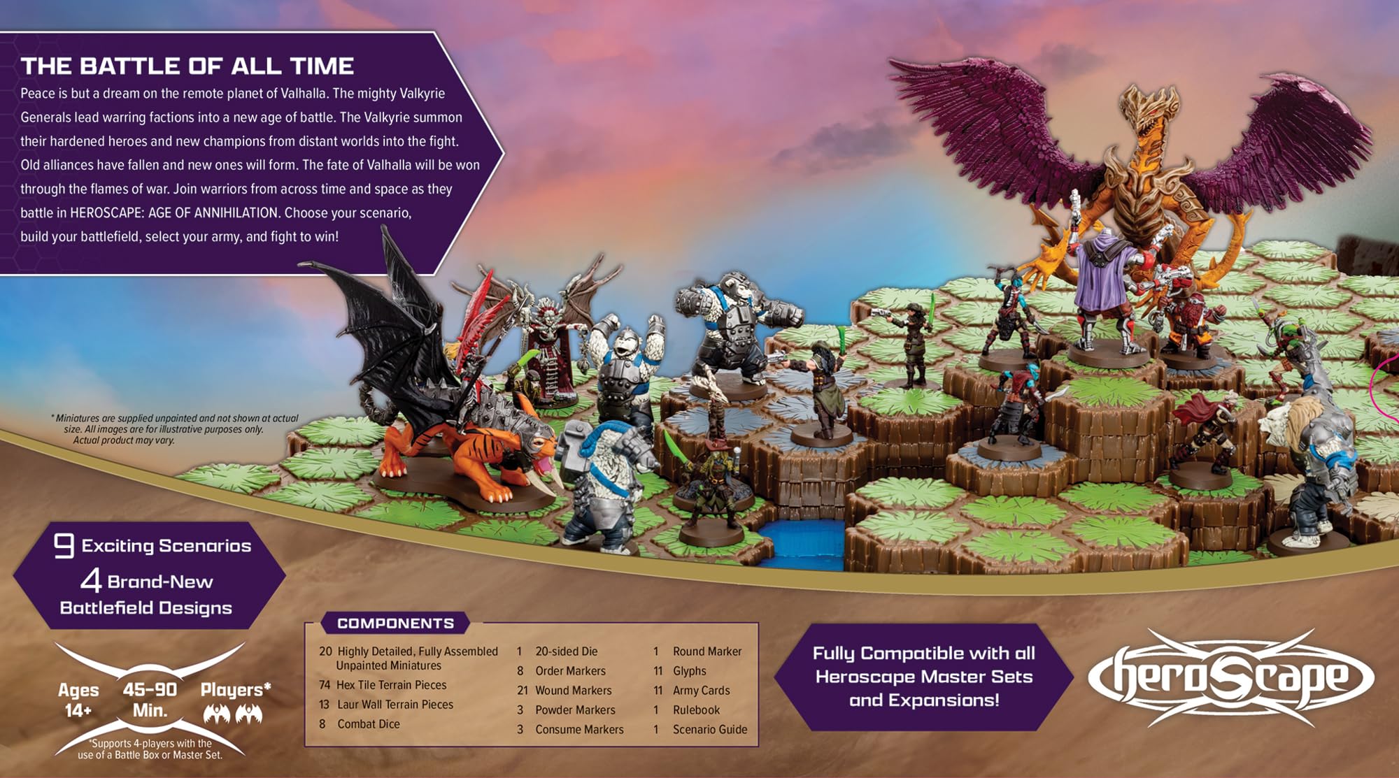 Heroscape Age of Annihilation Master Set -Standard Edition contains a ton of content to support hours of epic 2-player gaming sessions. For 2 Players, Ages 14 and up Contains 20 Miniatures,