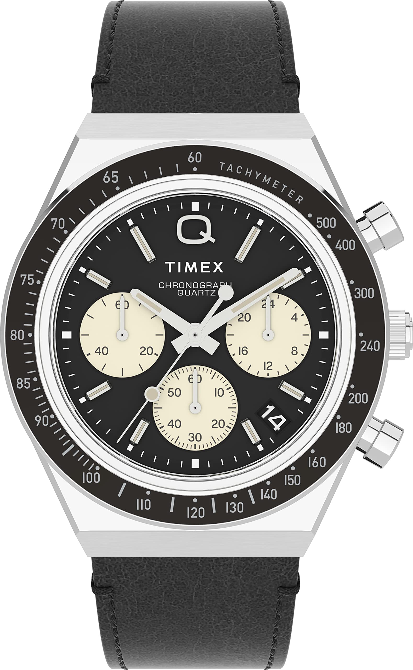 Reloj Timex Q para hombre de 40 mm, esfera negra, caja plateada, pulsera negra