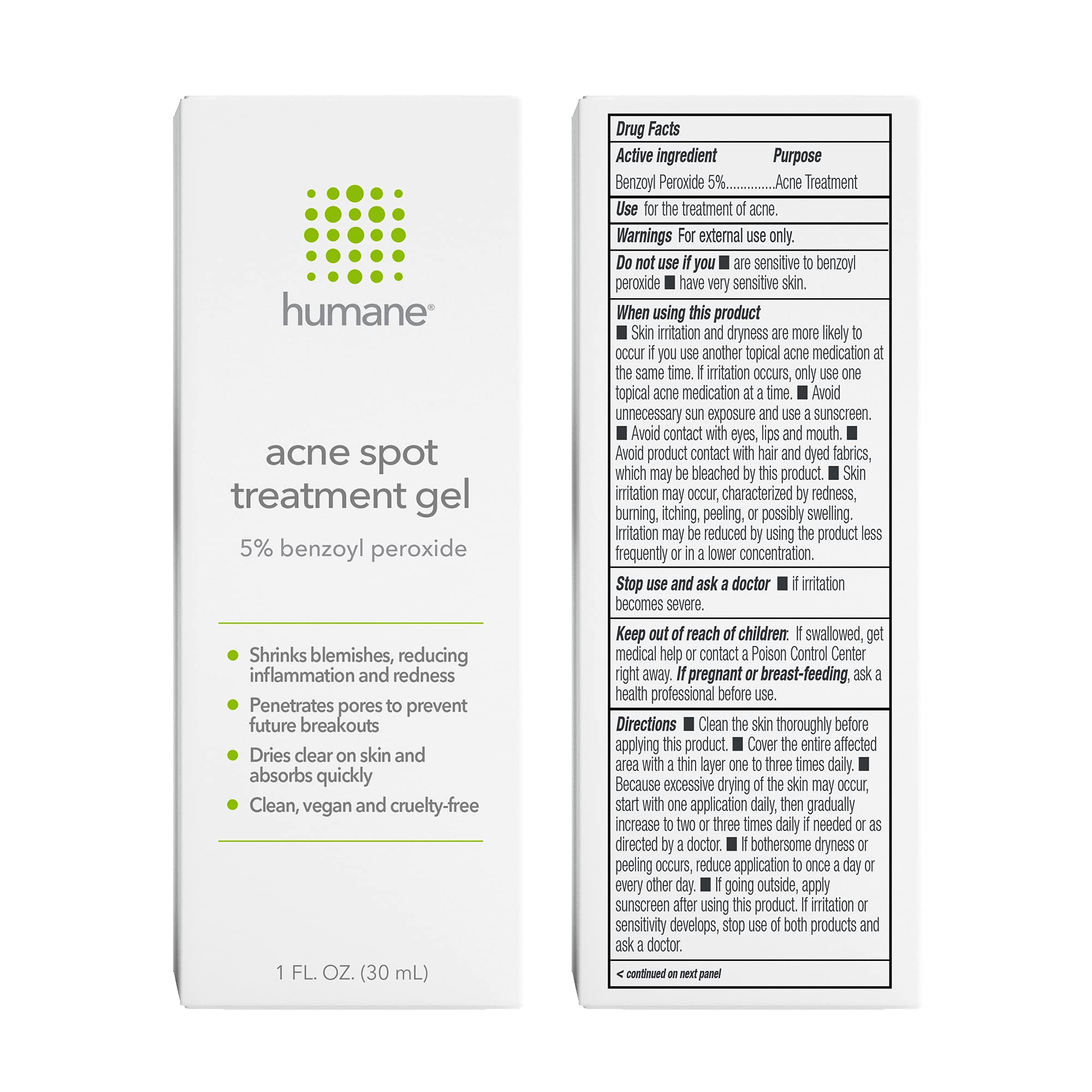 Humane Acne Spot Treatment Gel - 5% Benzoyl Peroxide Helps Unclog Pores and Provides Blemish Relief - Soothing Aloe Vera Gel and Licorice Root Extract - Vegan and Cruelty-Free - 1 Fl OZ