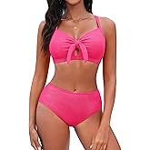 Blooming Jelly Womens High Waisted Bikini Sets Tie Knot Tummy Control Swimsuits Two Piece Bathing Suit Textured Swimwear