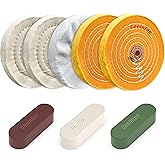 Ceeintee 8 Pack 6 Inch Polishing Wheel for Bench Grinder, Include 1/2" Arbor Hole 2 Yellow Cotton(42Ply), 2 White Cotton Polish Wheels(50Ply), 1 Soft Flannel Buffing Wheel(30Ply)& 3 Polishing Compound