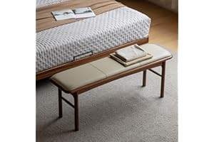 Wayshome 47.2'' Leather Upholstered Dining Bench with 100% Solid Oak Wood Bench Frame, Padded Bed End Bench Ottoman for Kitchen Living Room Bedroom Entryway, Champagne