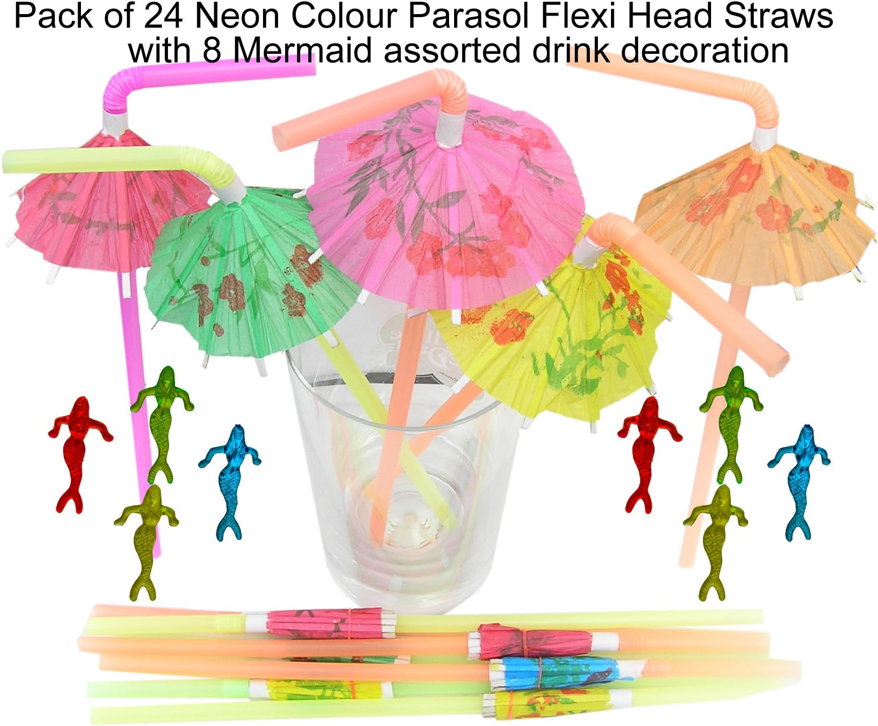 24 Neon Parasol Umbrella Drinking Straws, with 8 mermaid drink decorations