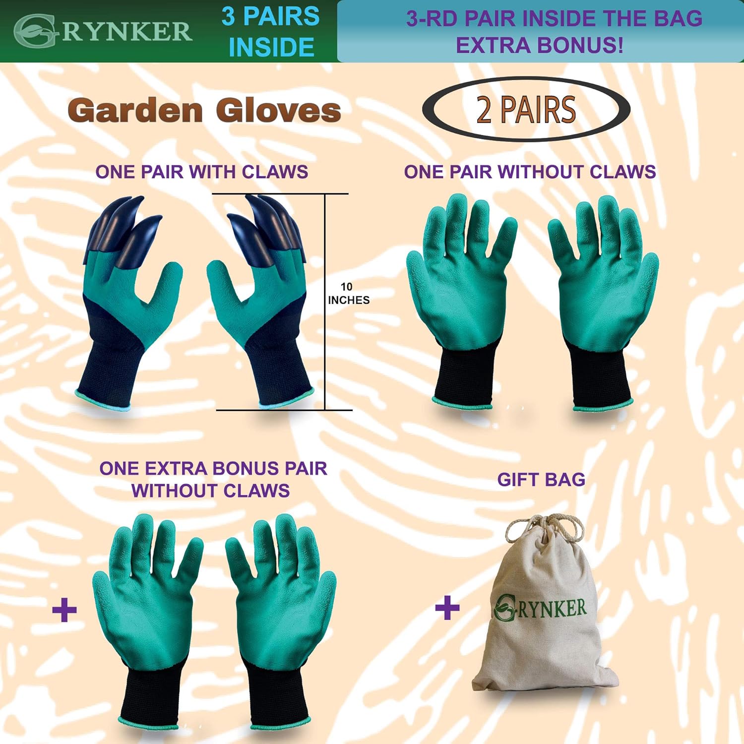Garden Gloves with Claws - 3 Pairs for Digging, Planting, Weeding, Seeding - Waterproof, Protect Nails and Fingers, Gardening Gift - Green Genie: Clothing