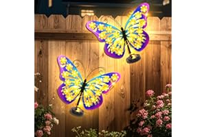 JJALIGHTS 2 Pack Metal Butterfly Outdoor Wall Decor with 30 Led Solar Lights- 13.5" Outdoor Fence Wall Art Decor, Gift for Mom Grandma Women Birthday Gardening,Hanging Decoration for Garden Patio Porch Yard