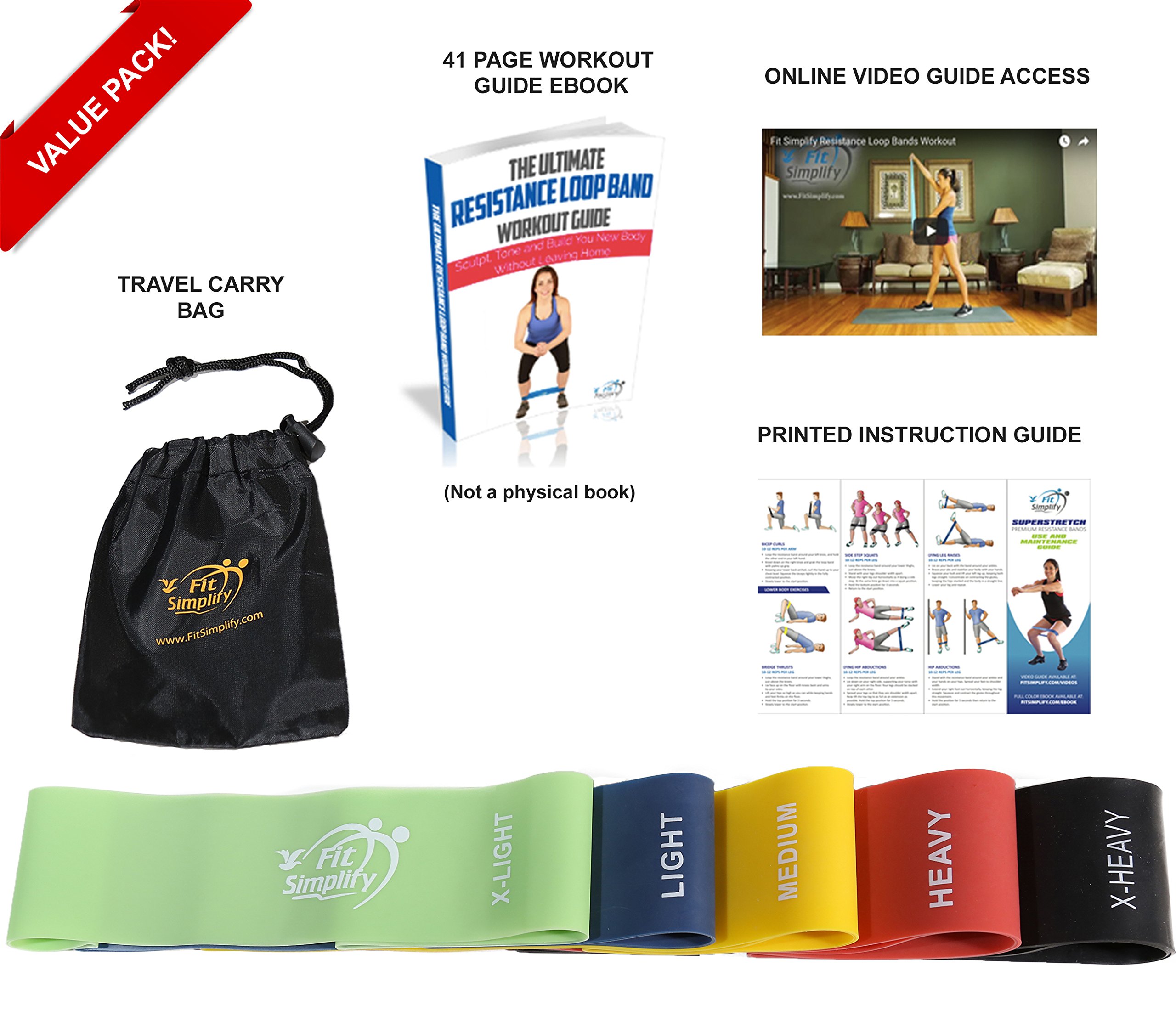 Fit Simplify Resistance Loop Exercise Bands with Instruction Guide, Carry Bag, EBook and Online