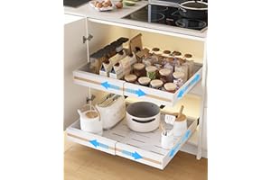 UMDONX 2 Pack Expandable Pull out Cabinet Storage Organizer Kitchen Cupboard Drawers, No Drill Adhesive Pantry Shelf Peel and