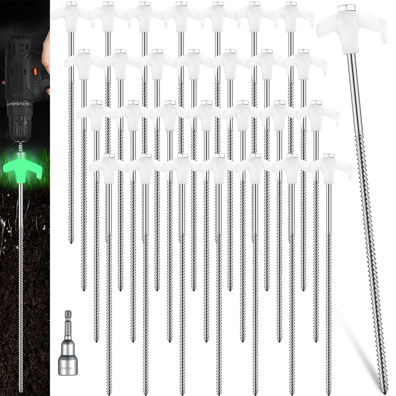 Photo 1 of Hicarer 20 Pcs 12 Inch Tent Stakes Screw in Camping Stakes Heavy Duty Metal Spikes Ground Anchor Peg Threaded Tent Spikes with Hex Head Driver for Camping Garden Inflatable (Luminous White)