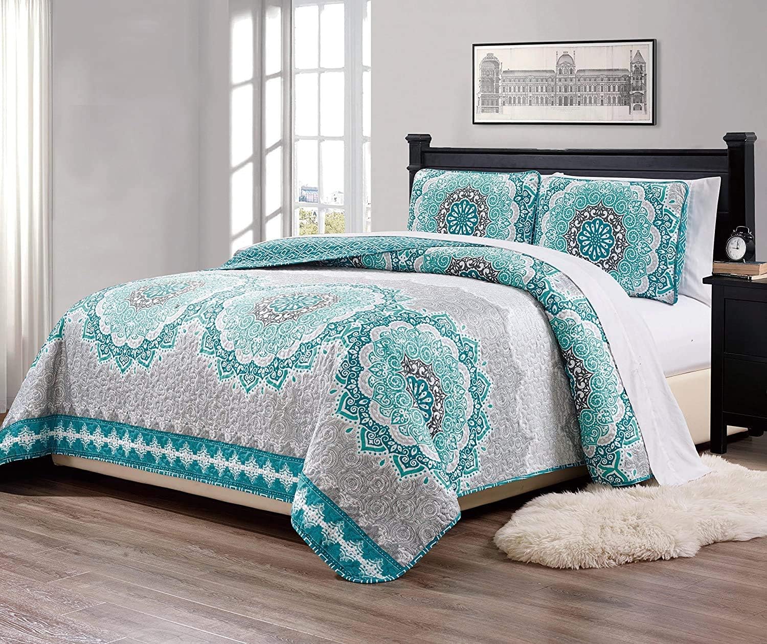 Amazon Com Fancy Collection 2 Pc Twin Twin Xl Over Size Quilted Bedspread Set Aqua Turquoise Coastal Plain Gray Green White Elegant Design New Kitchen Dining