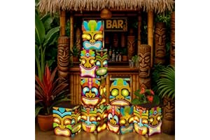 AYMOLAS 8 Pcs Tiki Totem Box Decor with Light, Luau Party Decorations for Hawaiian Birthday Party Tropical Aloha Decorations Tiki Lighted Gift Boxes for Garden Patio Porch Outdoor Decor