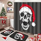 ArtSocket Skull Santa Claus Bathroom Set with Shower Curtain and Rugs Accessories, Christmas Evil Black Shower Curtain Set, Merry Christmas Winter Bathroom Decor 3 Pcs