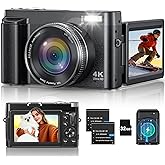4K Digital Camera for Photography, 48MP Vlogging Camera with Autofocus, Flash, 180° Flip Screen, 16X Zoom, 32GB Card, 2 Batteries & Charger, Compact Travel Camera for Teens, Beginners & YouTube