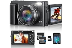 CAMKORY 4K Digital Camera for Photography, 48MP Vlogging Camera with Autofocus, Flash, 180° Flip Screen, 16X Zoom, 32GB Card, 2 Batteries & Charger, Compact Travel Camera for Teens, Beginners & YouTube