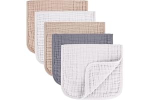 5 Pieces Baby Burp Cloth 100% Cotton Newborn Cotton Muslin Burp Cloth 10x20 inches (2 White&2 Khaki&Grey 5 Pieces)