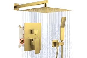 JOMEOO® 12 Inch Brushed Gold Shower System, Wall Mounted High Pressure Rain Shower Head with Handheld Sprayer, Bathroom Luxur
