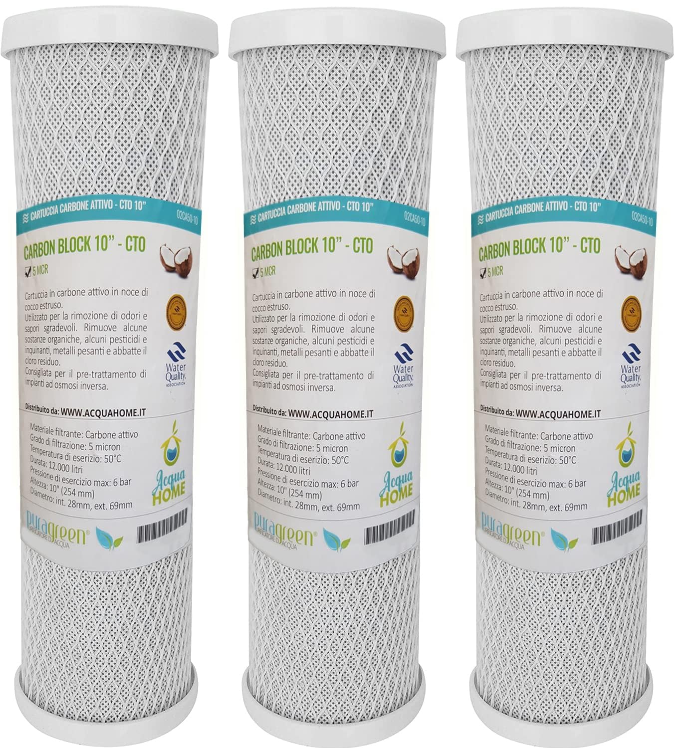 3x PURAGREEN®️ Carbon Block Filters 10" CBC - CTO - Activated carbon filter for drinking water, reverse osmosis systems, suitable for all 10" filter housings