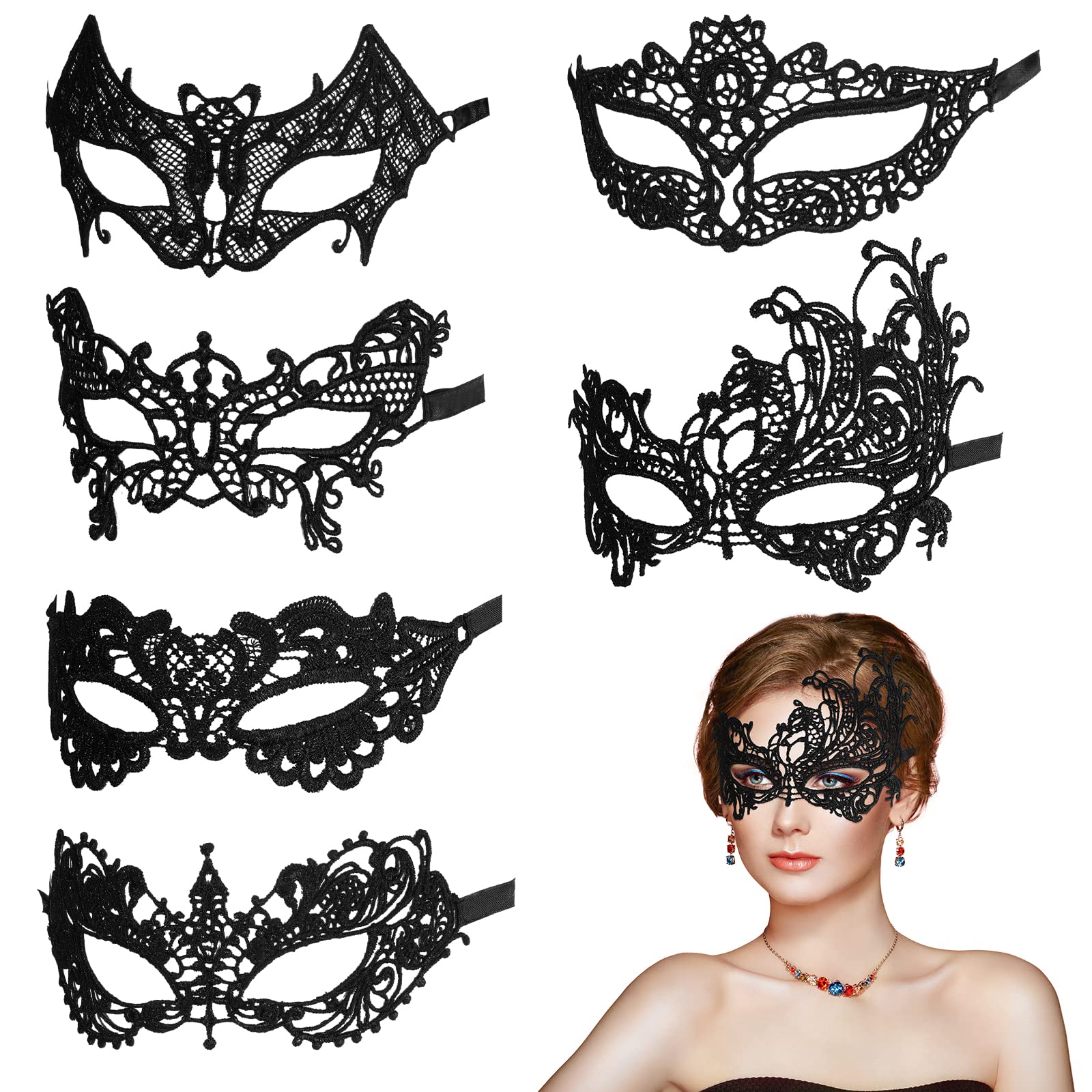 Aomig Masquerade Mask for Women, 6 Pcs Lace Venetian Party Sexy Eye Mask, Women Elegant Prom Halloween Masquerade Party Mask, Halloween Costume Mask Classic Mardi Gras Mask for Women