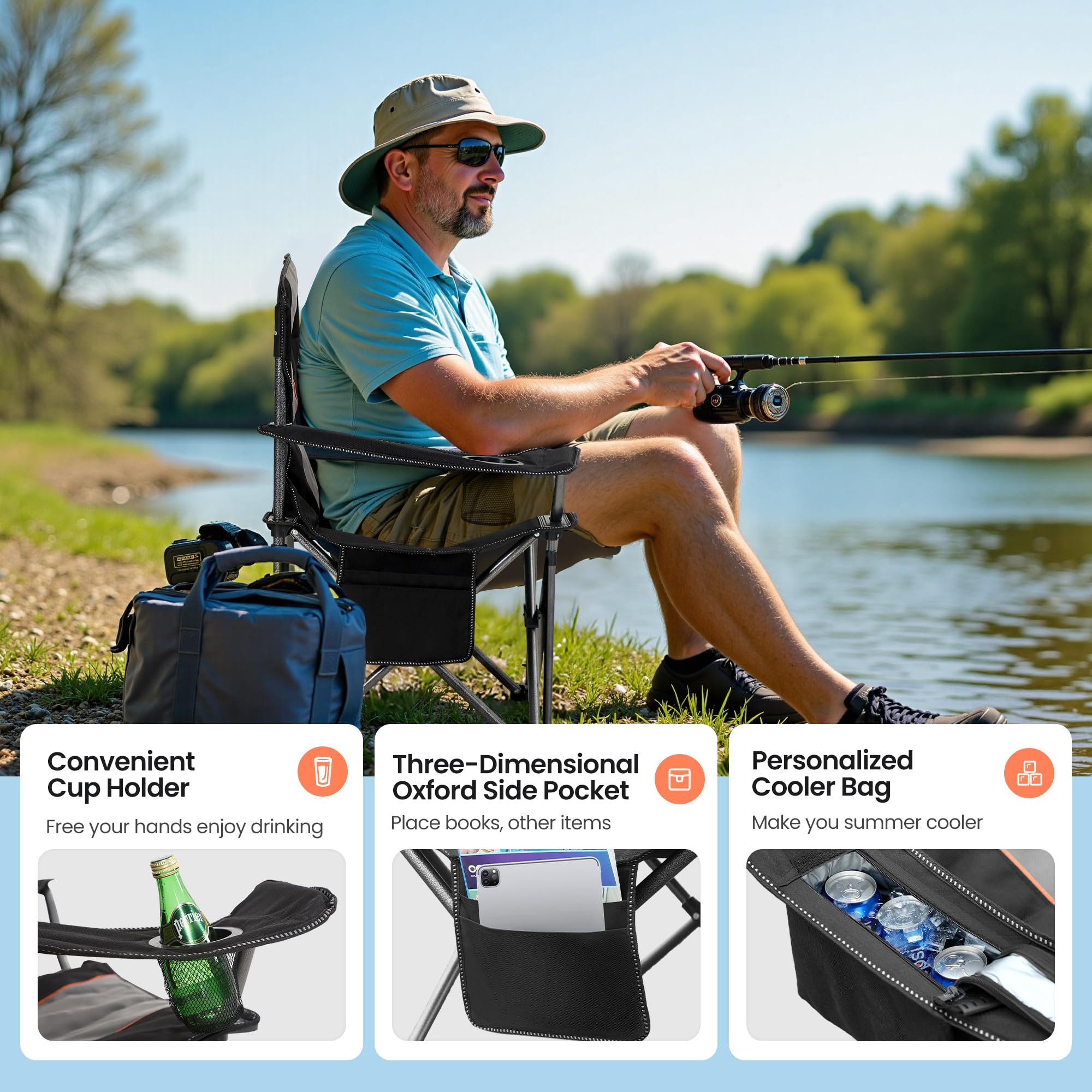 HIGH POINT SPORTS Campingstuhl Faltbar 200kg Klappstuhl Gepolstert mit Getränkehaltern Faltbarer Angelstuhl XXL mit Armlehnen, Schwarz 9