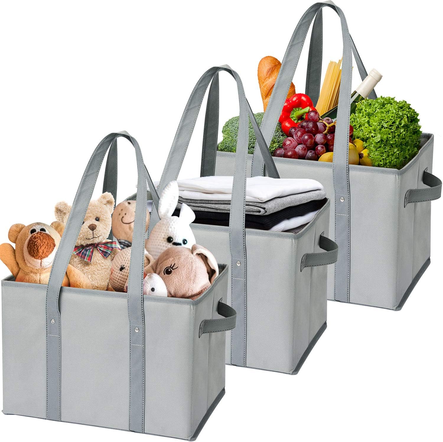 WiseLife Storage Baskets Reusable Grocery Bags Shopping Bags [3 Pack],Durable Collapsible Large Storage Bins Tote Bags Box for Clothes,Toys,Picnic(GY)