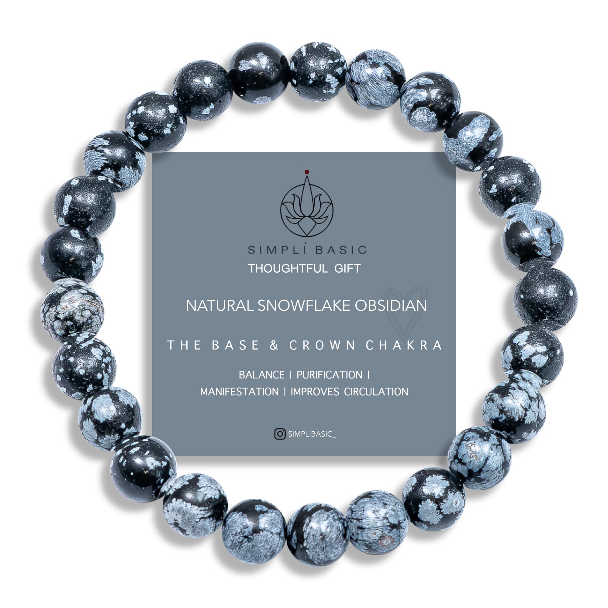 SIMPLÍ BASIC Natural Snowflake Obsidian Healing Gemstone Bracelet 8mm Bead | Women & Mens Bracelet | Balance for Body & Mind | GIft for Her | Stone Beads | Everyday Jewellery | Inc Gift Box