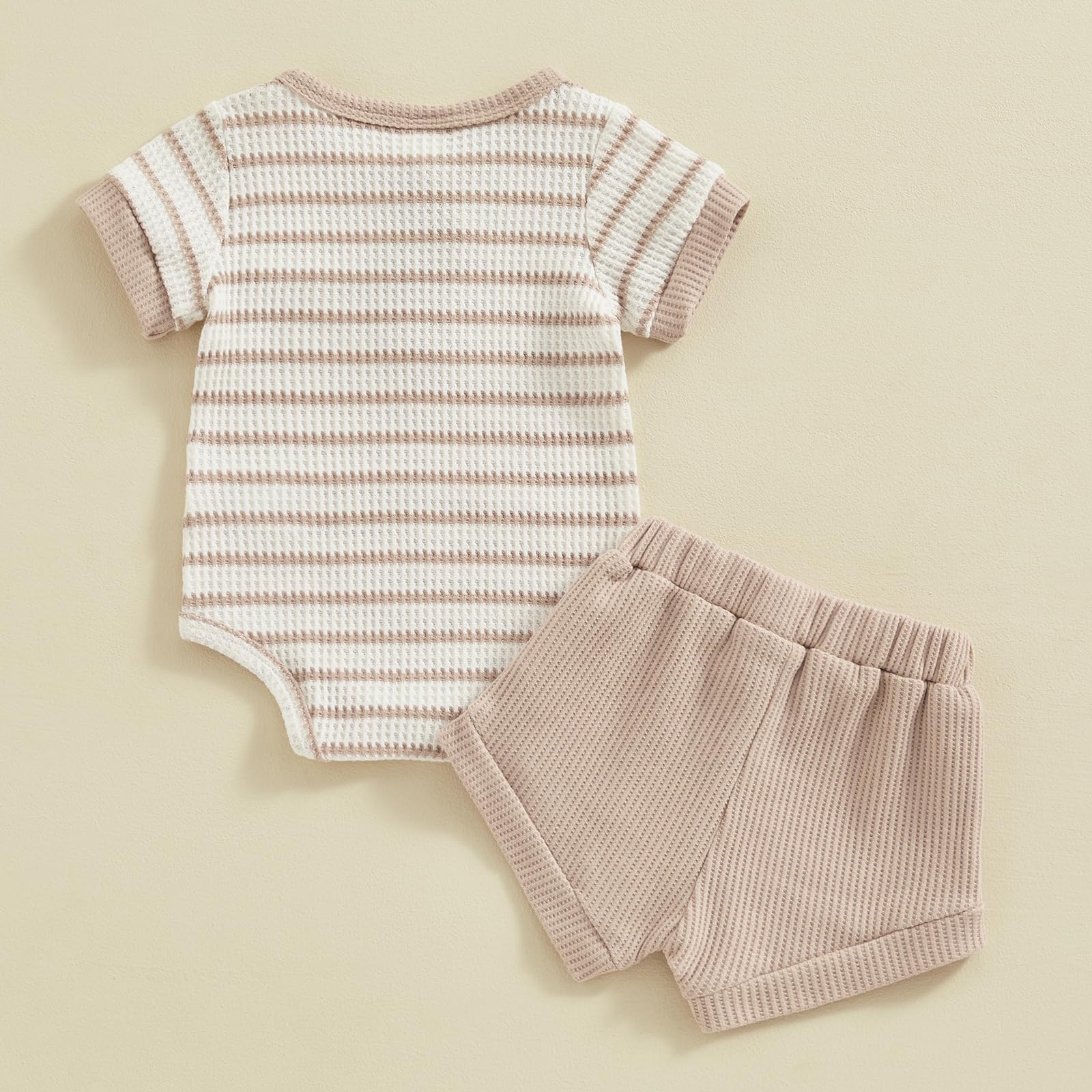 Kuriozud Newborn Baby Boy Summer Clothes Button Short Sleeve Romper Bodysuit Shorts Set Toddler Soft Waffle Outfit