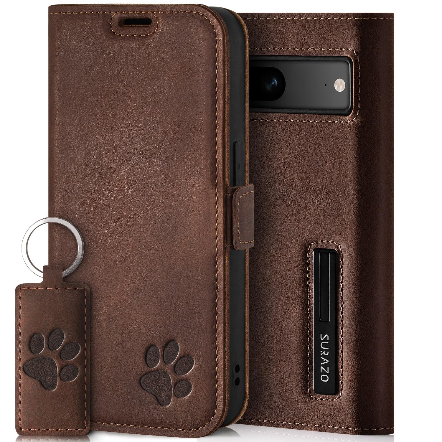 SURAZO Leather Wallet Mobile Phone Case Compatible with Google Pixel 8 - Flip & Fold Smartphone Case with Stand, RFID Blocker, Magnet Closure, 3 Slots for Bank Cards - Handcrafted European Leather