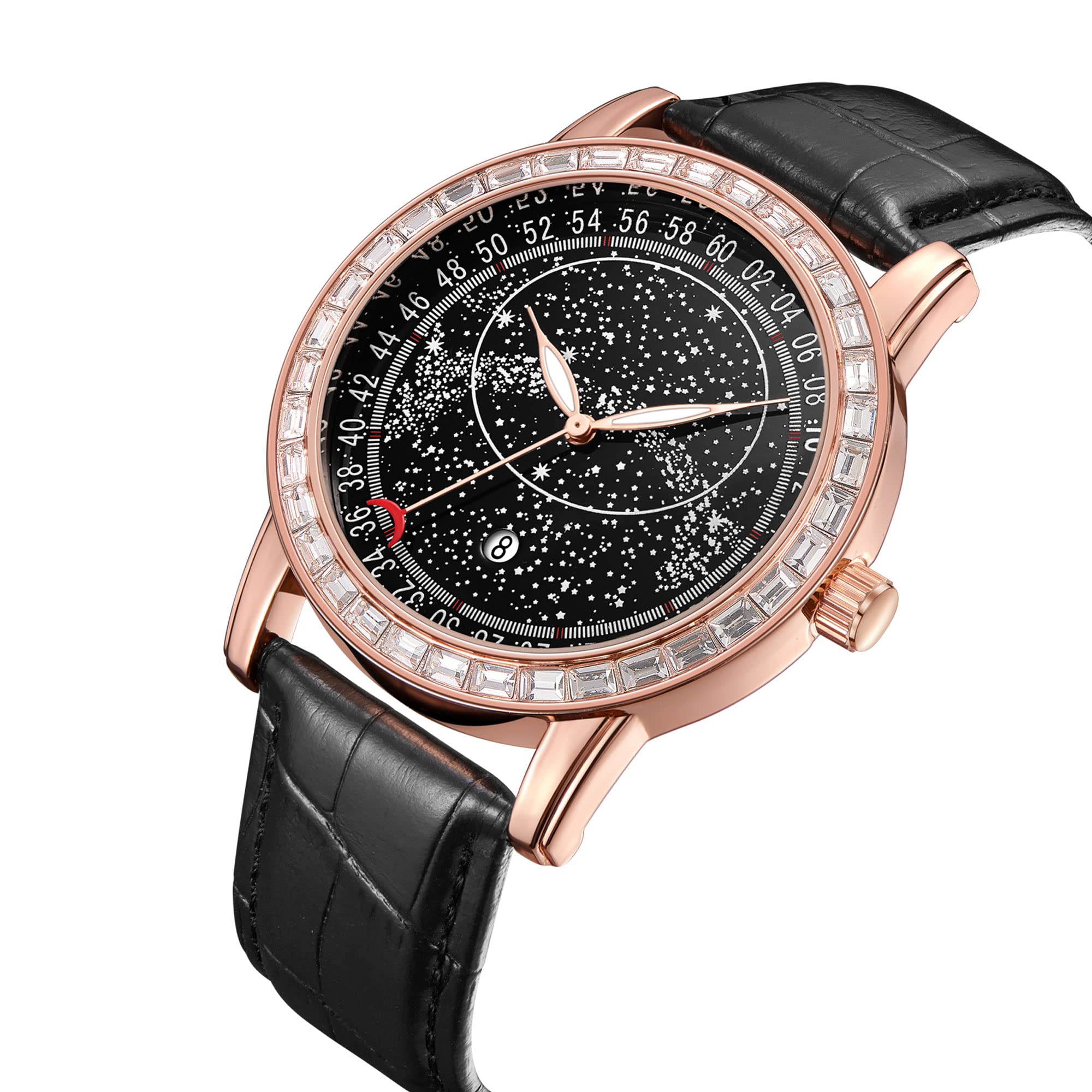 DROCUAMGOYA Men Fashion Watch Starry Dial Rose Gold Baguette Diamond Quartz Wrist Watch for Men Waterproof Leather Strap Analog Watches (Rose Gold)