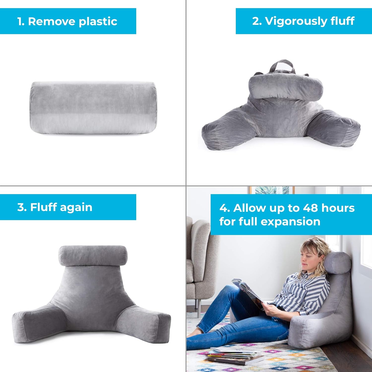 Linenspa Shredded Foam Reading Pillow with Neck Support - Extra Large Design for Adults - Perfect for Back Support While Relaxing, Gaming, Reading, or Watching TV - Soft Velour Cover: Home & Kitchen