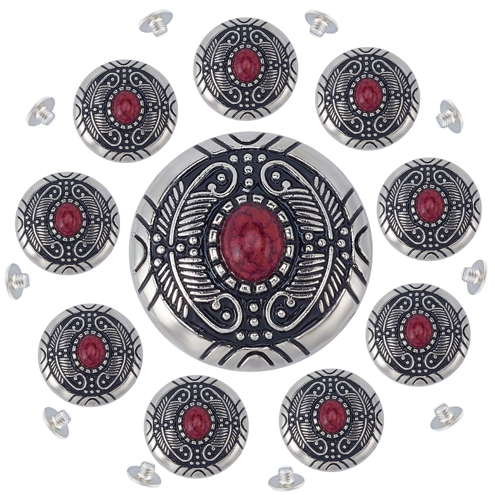 GORGECRAFT 1 Box 10Pcs Red Turquoise Metal Buckle 30mm Synthetic Turquoise Screw Back Buttons Concho Cat Eye Buttons Replacement Vintage Alloy Buckle for DIY Leather Craft Fabrics Sewing Decoration