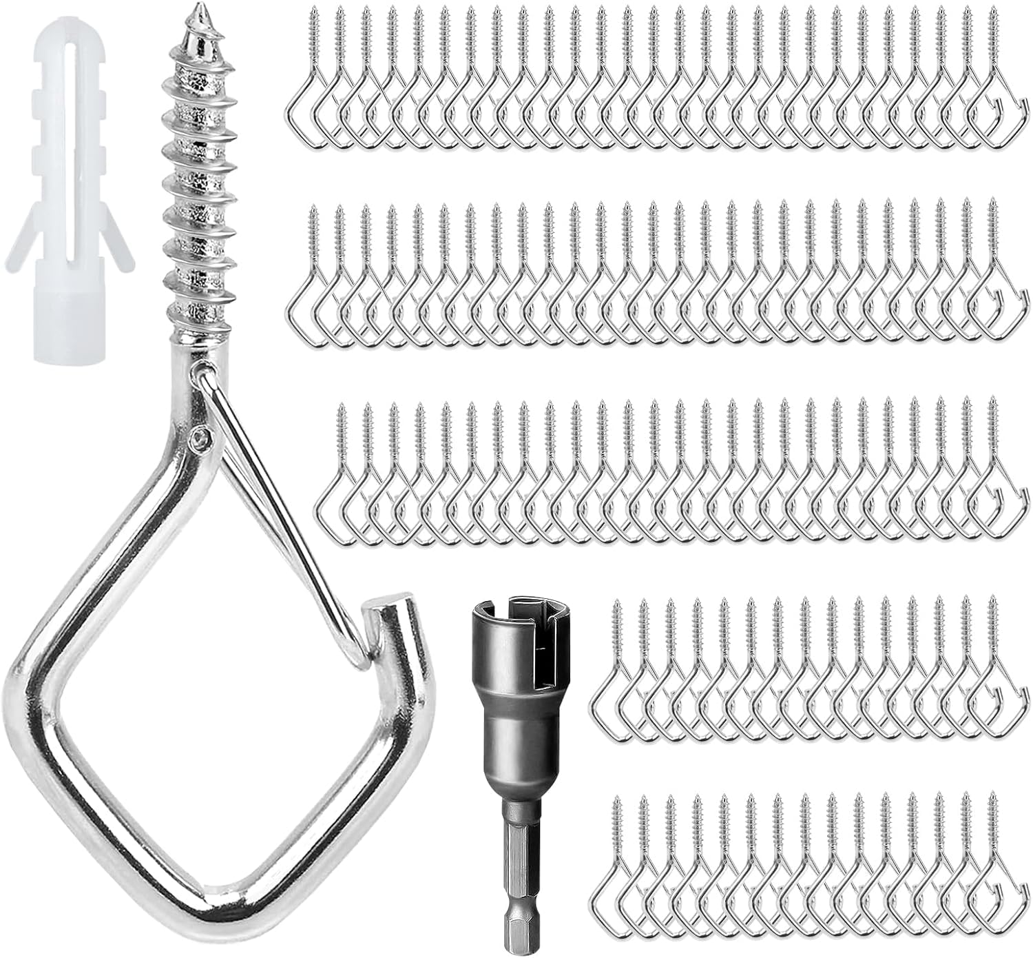 Ticway 110 PCS Q-Hanger Hooks for String Lights, Ceiling Hangers for Plants & Wind Chimes, Christmas Decorations Outdoor Hooks Silver Image